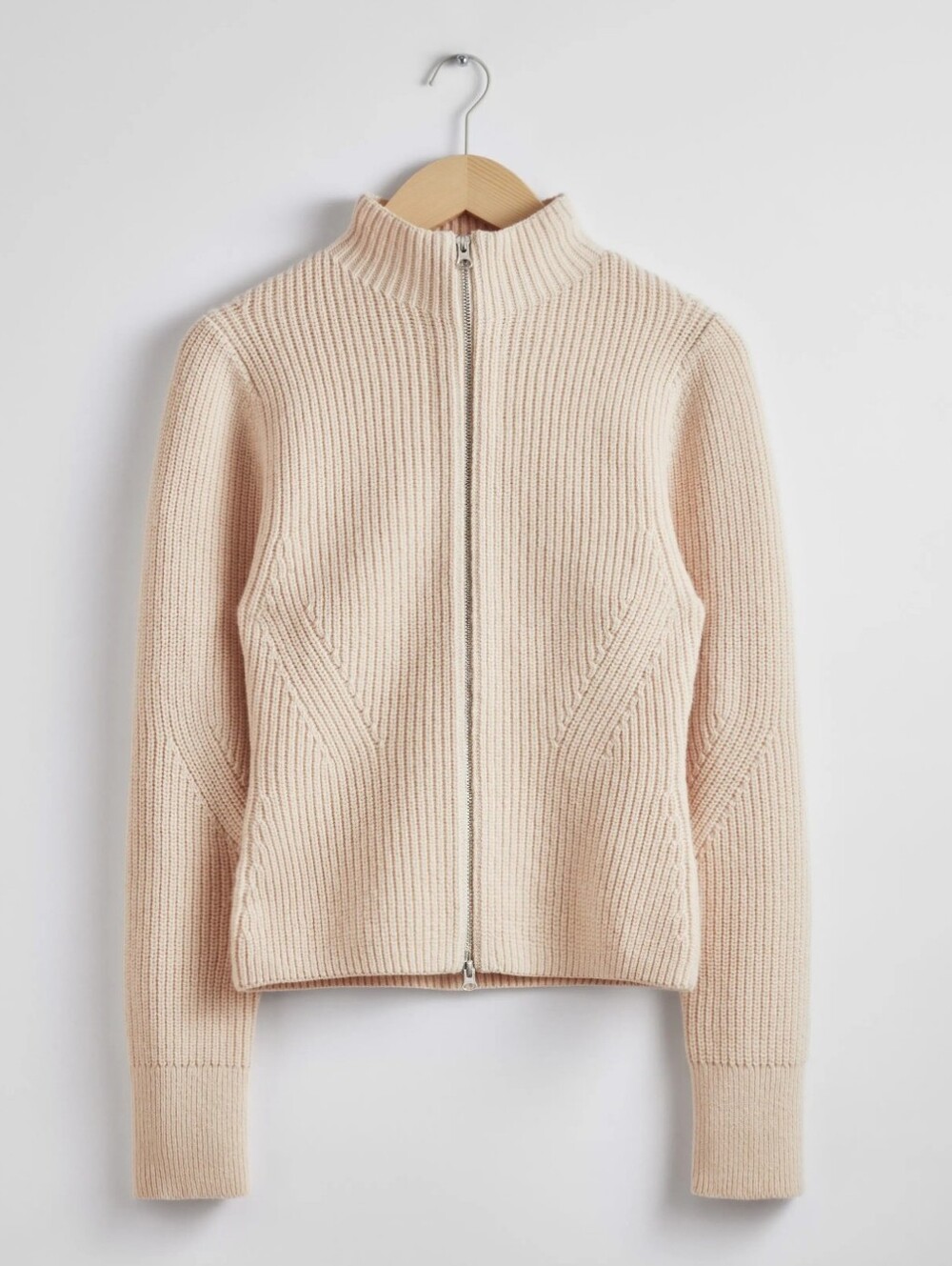 & Other Stories Ribbed Mock Neck Wool Knit Cream Cardigan Double Zip Cream Small